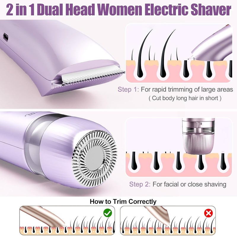 Aedicce Bikini Trimmer for Women 2 in 1, Dual Head Womens Electric Shaver, Electric Razors for Pubic Hair, IPX7 Waterproof Rechargeable Facial Hair Removal for Shaving Underarm Leg Arm Body Face, Purple - Image 3